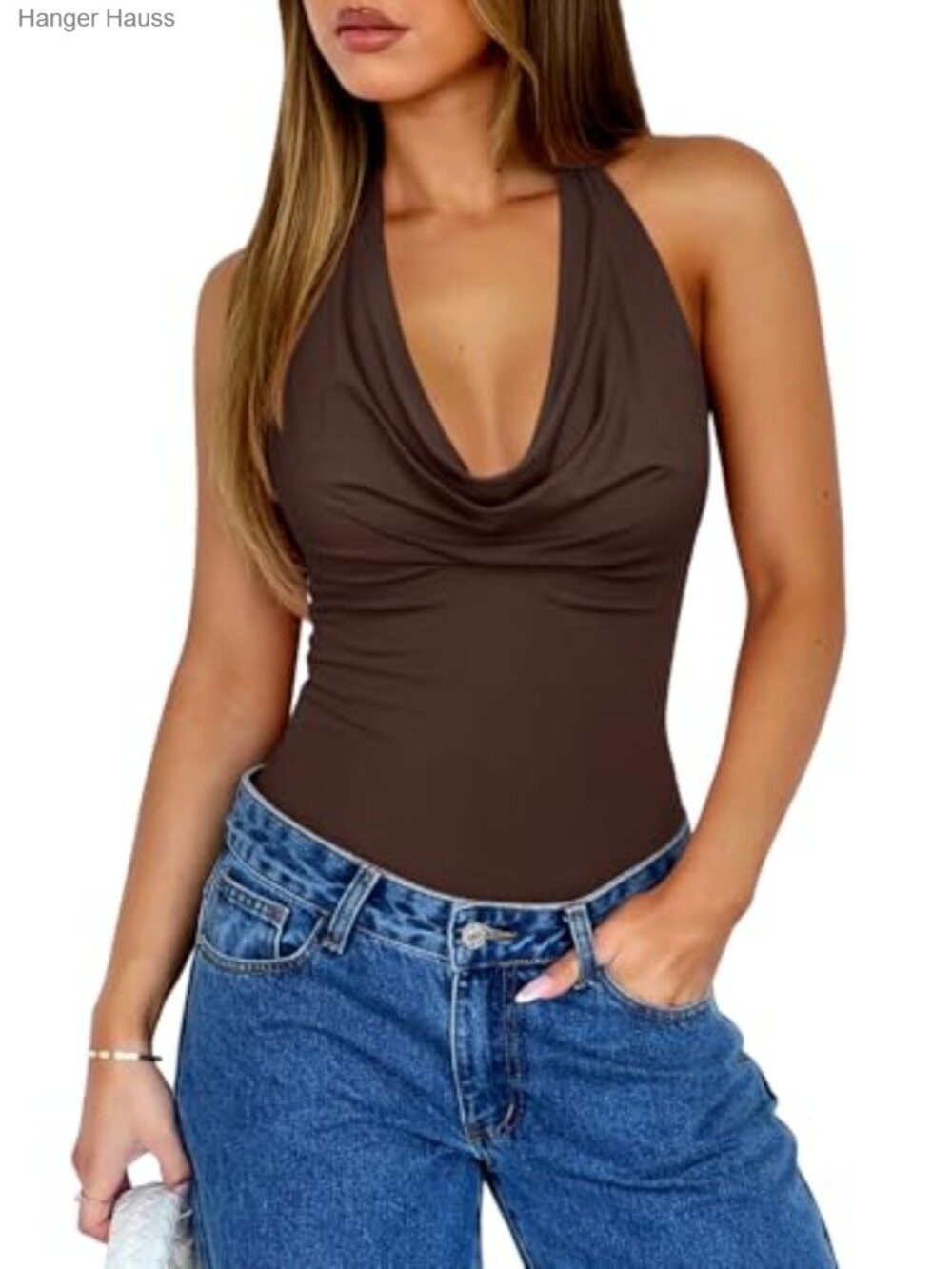 Cowl Neck Halter Bodysuit Open Back Sleeveless Thong Snap Closure